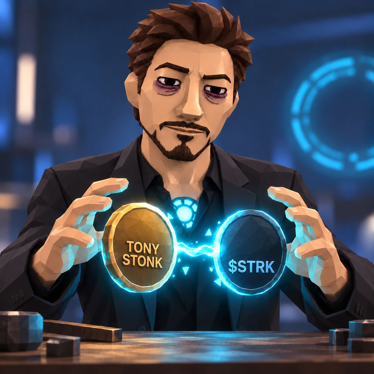 Tony Stonk at his workbench connecting a gold TONY STONK coin and a $STRK coin with a crackle of cyan energy