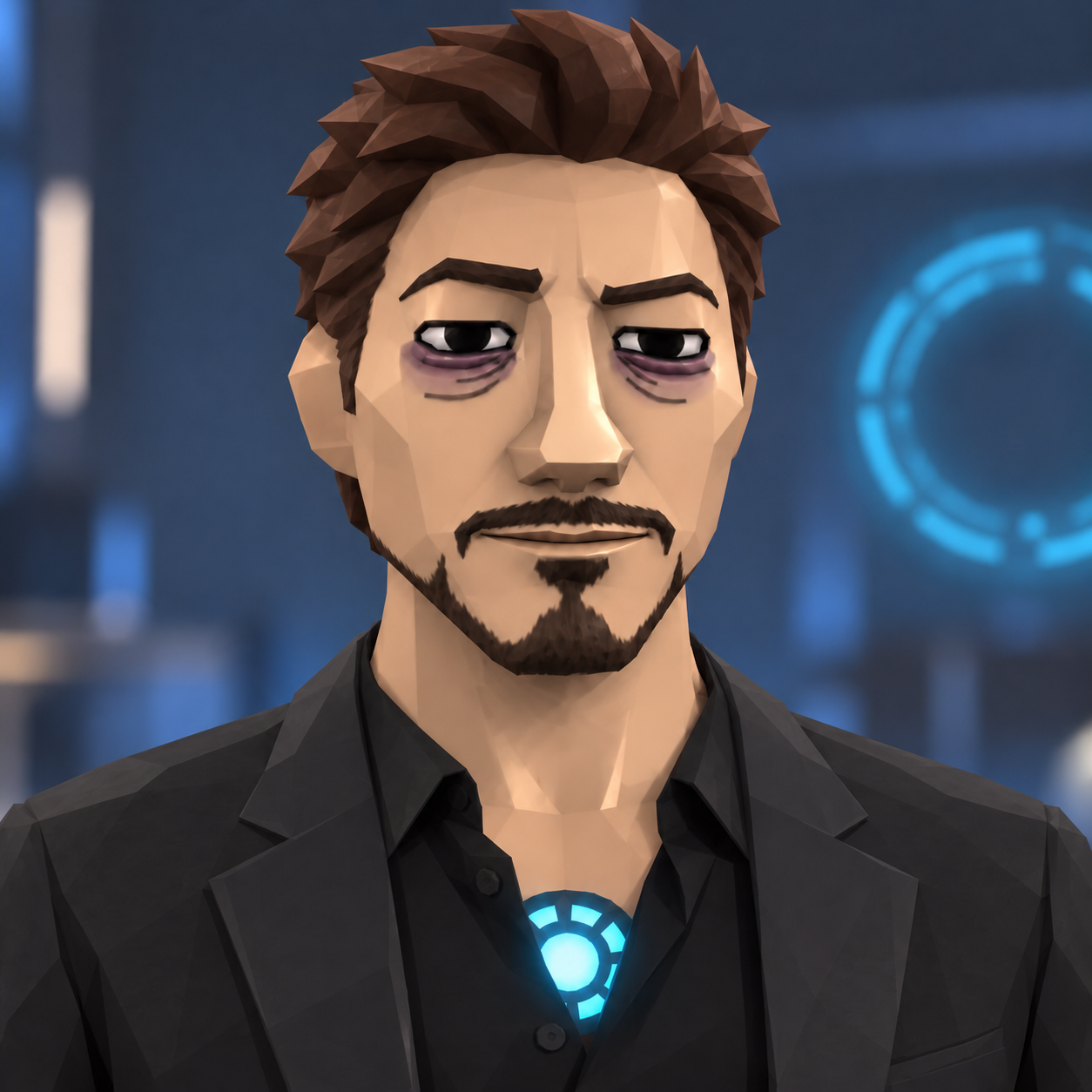 Tony Stonk, a low-poly sleep-deprived genius in a black suit with a glowing arc reactor