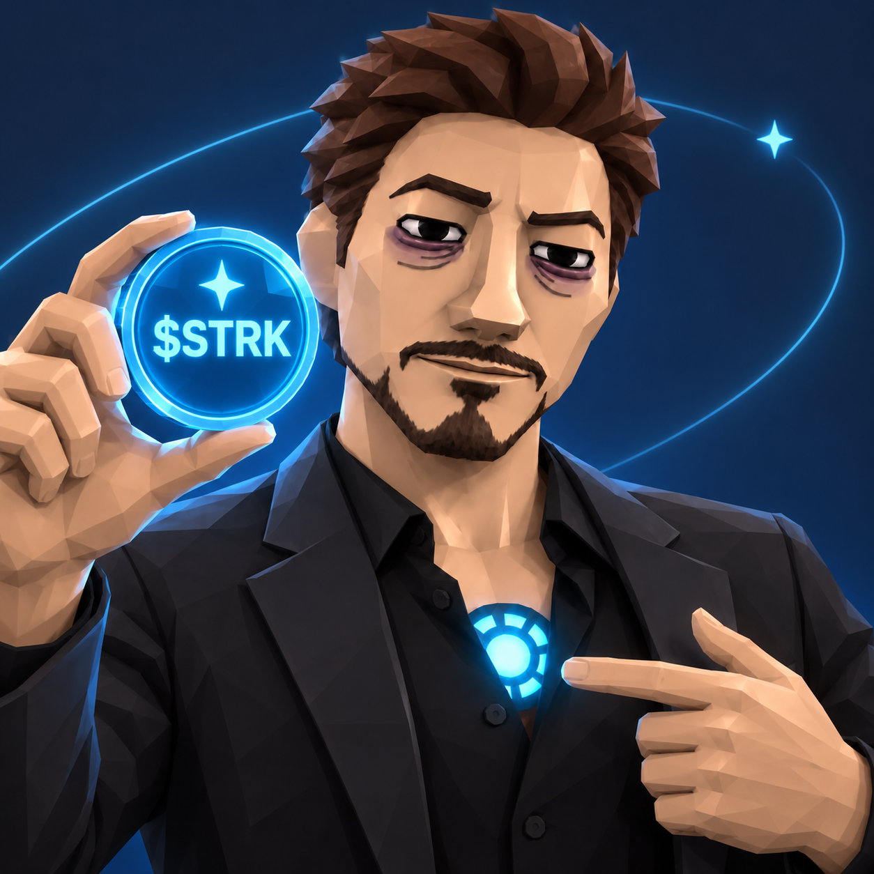 Tony Stonk holding up a glowing $STRK coin and pointing at his arc reactor